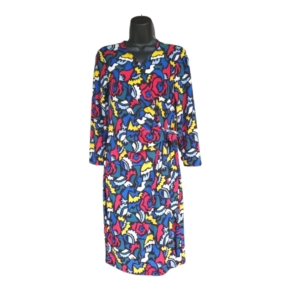 Anne Klein Multi Color Abstract Long Sleeve Faux Wrap Dress Size S
